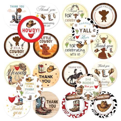 Pack 90 Pcs Cowboy Baby Shower Stickers for Party Favors Thank You Labels Birthday Supplies Funny Cute Aesthetic Sticker Round Waterproof Small Vinyl Decals Bulk Retro Decorations - color: Cowboy A25