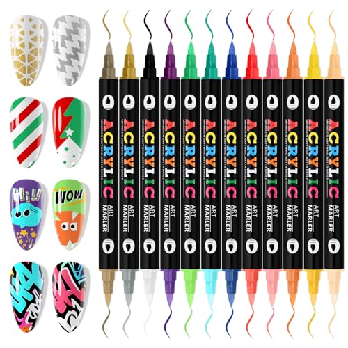 EBANKU 24 Colors Nail Art Pens, 3D Double Head Quick-Drying Nail Art Markers Acrylic Paint Nail Point Dotting Liner Pen No Squeeze Needed for Christmas Party - color: 24 Colors（B)