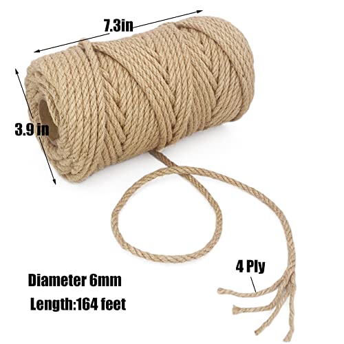 Leecogo 1/4 inch(6mm) Jute Rope, 164 Feet Heavy Duty and Thick Twine Rope for Cat Scratcher Post Tree,Gardening, Crafting, Packing, Bundling and Home Decor - size: 6mm