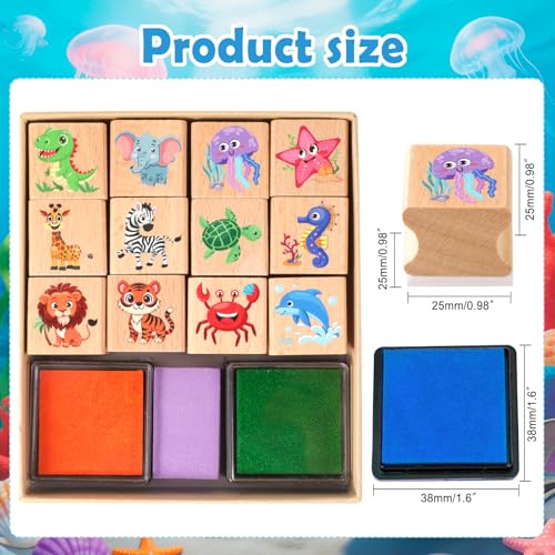 HOWAF 12Pcs Animal Wooden Rubber Stamps, Jungle & Sea Animal Stamps for Kids, Washable Ink Pad Stamp Set for Summer Camp Crafts, DIY Scrapbooking, Card Making, Preschool Art Activities