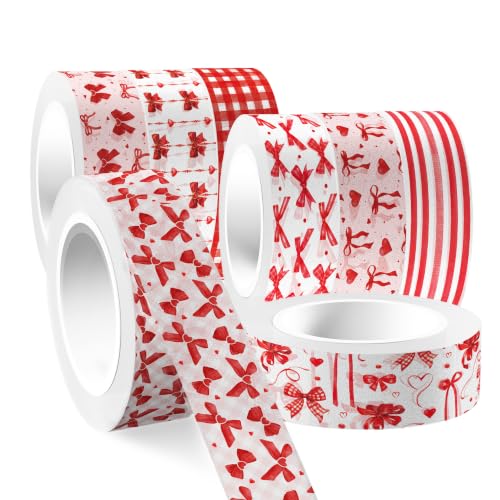 Red Bow Washi Tape Set - 12 Rolls Valentine Masking Tape for Journal Crafts