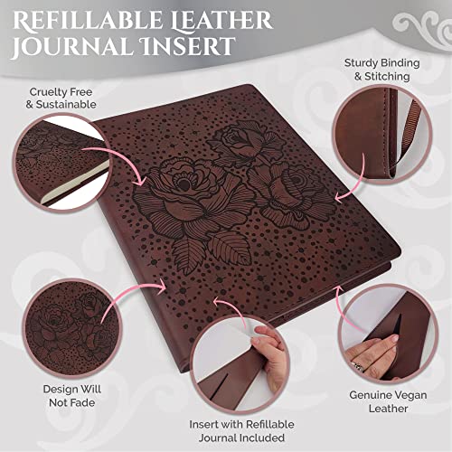 Rose Leather Journal | Refillable Laser Engraved Journal for Women | Vegan Leather Flower Journal with Roses - style: Rose