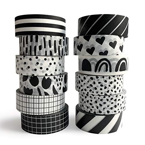 12 Rolls Washi Tape Set for Journaling, Scrapbooking & Decorative Crafts | Decorative Masking Tape for Bullet Journals, Planners, DIY Art Projects, Gift Wrapping, Card Making, School & Office Supplies - color: Black and White, size: 12 Rolls