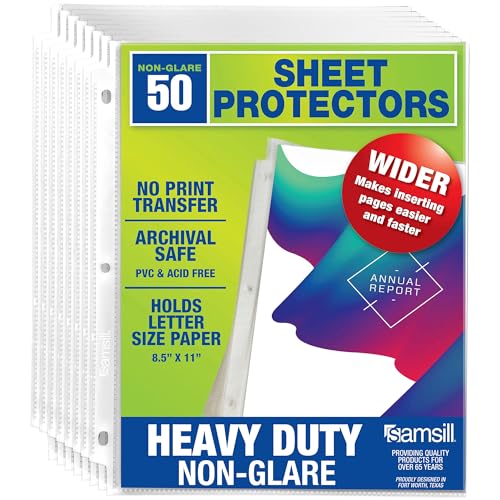 Samsill 50 Pack Heavy Duty Sheet Protectors, Non-Glare, 8.5x11 Inch Page Protectors for 3 Ring Binder, Letter Size Protectors with Reinforced Holes, Non-Glare Protector, Top Loading, Acid Free - size: 50 Pack, style: Non-Glare
