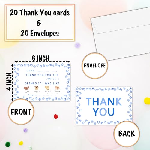 Light Blue Claw Border Thank You Cards, Dogs Thank You Notes for Birthday Party, Greeting Postcards for Girls Boys, 25 Pack Fill-in-Blank Gratitude Cards with Envelopes, 06 - color: Light Blue Claw