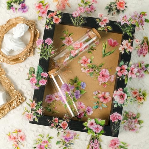 50pcs Pink Flower Stickers for Scrapbooking - Waterproof Clear Floral Botanical Sticker for Journaling, Crafts, Art Projects, Glass Potion Bottles - color: Pink Flower