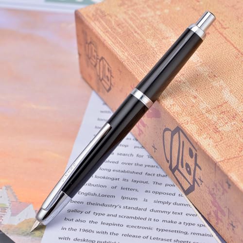 Jinhao 20 Press Fountain Pen, Piano Black Retractable Fine Nib with Ink Converter Set (Silver Clip) - color: Piano Black (Silver Clip), style: Fine