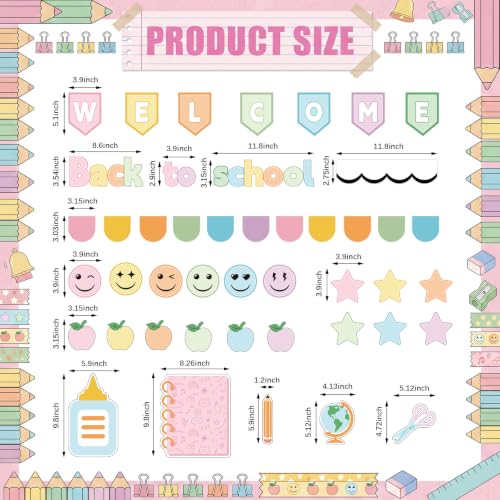 Mooliwe 94 Pcs Welcome Back to School Bulletin Board Set Pastel Smile Face Stationery Paper Cutouts Classroom Decor for Preschool Chalkboard Wall Door Decor First Day of School Teacher Supplies - style: Pastel Smile face