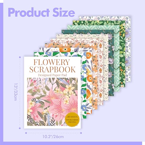 30 Sheets Flowery Pattern Paper Pad, Double-Sided Floral Scrapbook Paper with Vintage Greenery Design, Decorative Scrapbooking Supplies For Card Making, Album, Stamping, Background Decoupage