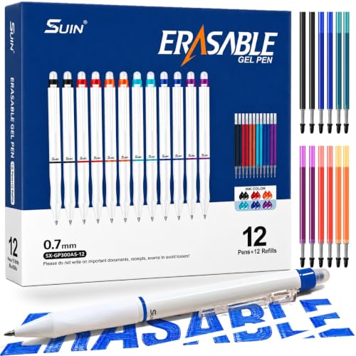 SUIN 6 Colors Erasable Gel Pens, 0.7mm Retractable Colored Pens, 12 Pens + 12 Matching Refills, Smooth Gel Pens for Notes, Planners, Journals, School and Office - color: Multicolor, size: 1 Count (Pack of 12)