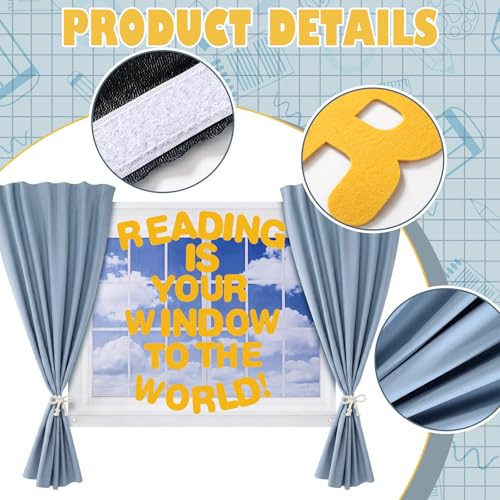 Engrowtic 7pcs Classroom Reading Corner Decor Set Includes 2 Curtains Panels 35x47in Window Backdrop, Reading is Your Window to the World Stickers, Motivational Bulletin Board Kit for Library School