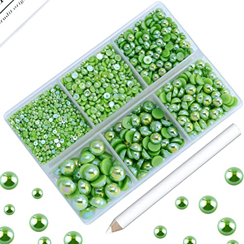 3600PCS Half Pearls for Crafts, Dark Green Flatback Pearls forTumblers Crocs Cups Scrapbooking, 2mm 3mm 4mm 5mm 6mm 8mm Faux Half Pearls, Imitation Loose Pearl Beads - color: Green AB