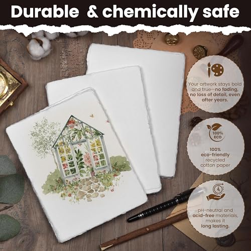 LEATHER VILLAGE Offwhite Deckled Edge Handmade Watercolor Paper 4x6 | 50 Sheets of 150 GSM thick cotton paper in natural offwhite tone for drawing, watercolor, ink, sketching and letter writing - color: White, size: 6"X4"
