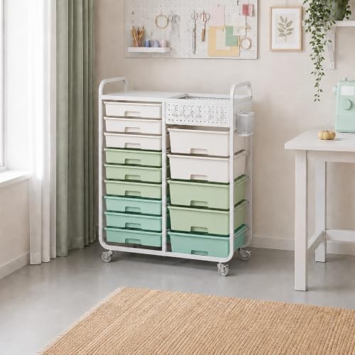 14 Drawer Rolling Storage Cart with Tabletop and Pegboard for Crafts Green - color: Green