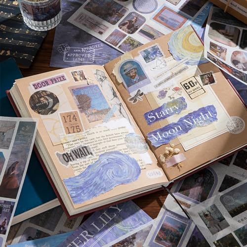 Vintage Scrapbook Stickers, 50 Sheets Aesthetic Oil Painting Sticker Book for Adults with 450pcs Washi Stickers and 20 Sheets Scrapbook Paper Ephemera Sticker Book for Junk Journal Journaling Supplies - color: Oil Painting