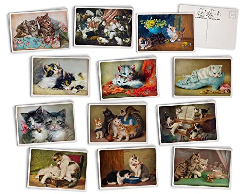 Antique Cat Postcards - 24 Vintage Postcards - 12 Assorted Kitten Retro Book Illustration Cards Printed on Vintage Textured Style Cardstock