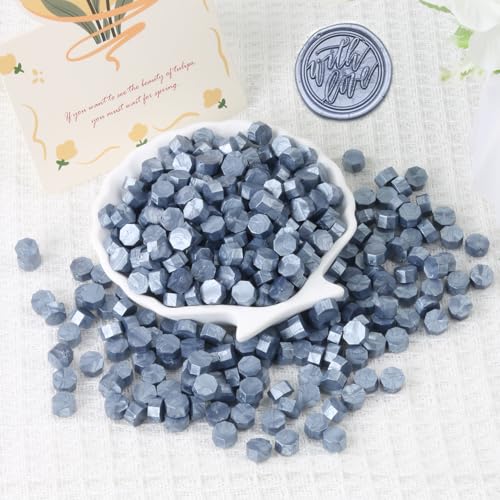 Gray Blue Wax Seal Beads, HOSEALING Premium 360pcs Sealing Beads for Wax Seal Stamp, Metallic Blue Sealing Wax Pellets Refill Pack for Wax Seal Kit, Wedding Invitations, Envelope Letter Sealing - color: Gray Blue
