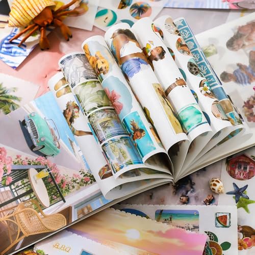 Summer Beach Scrapbook Sticker Book, 500+ Vintage Travel Stickers for Scrapbooking, 20pcs Aesthetic Scrapbook Papers for Adults Women DIY Bullet Junk Journals Supplies, Washi Stickers for Journaling - color: Beach Bliss