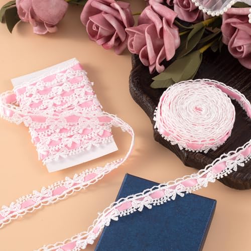 2 Yards Bow Lace Trim Ribbon, A Style, Pink - color: Pink-A style