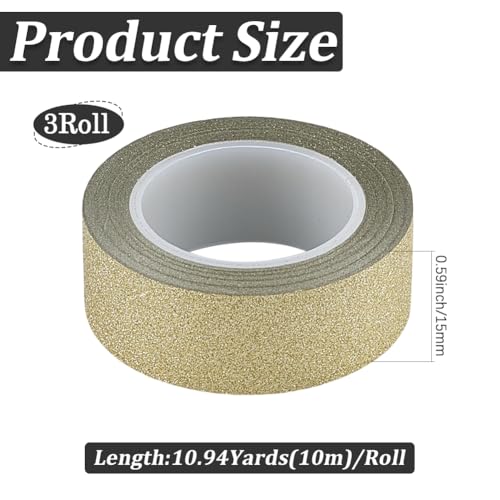 GORGECRAFT 3 Rolls 32.8 Yards x 0.6" Washi Glitter Tape Light Gold Decorative Adhesive Tape Foil Paper Masking Tapes Craft Stick On Sticky Trim for DIY Scrapbook Gifts Wrapping Car Furniture Walls - color: light gold