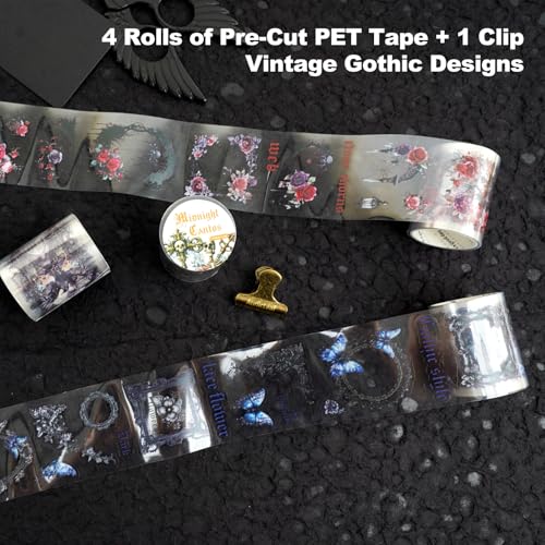 Night Poem Gothic PET Tape Set, 4 Rolls Pre-Cut Translucent Frame and Element Designs with 1 Clip - Dark Collage Supplies for Scrapbook Junk Journal Planner and Crafts - color: Dark Melody