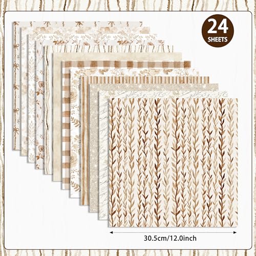 Boho Cream Scrapbook Paper Pad 12x12, 24 Sheets Double-Sided Neutral Beige Decorative Pattern Paper, Bohemian Floral Plaids Script Leaf Patterned Cardstock, Scrapbook Background Pages for DIY Crafts