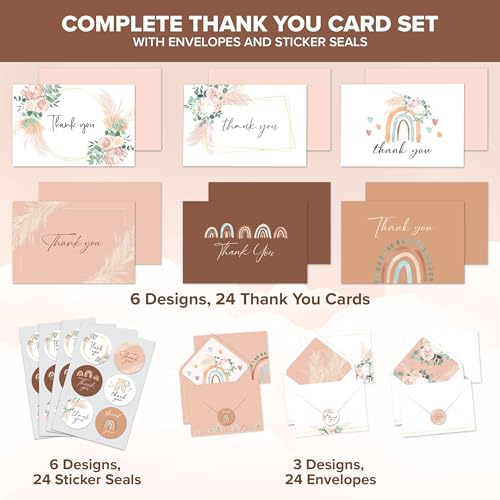 Decorably 24 Pack 6x4in Boho Thank You Cards with Envelopes and Stickers, 6 Beautiful Designs Friends, Family & Loved Ones, Blank Inside - All Occasions, Holidays, Wedding, Birthday, Anniversary - style: Boho