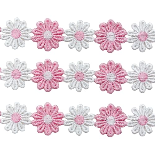 15 Yards Daisy Flower Lace Trim Embroidered Floral Lace Sewing Trim Ribbons for Embellishment Craft Dress Hair Accessories Decorations(White/Pink) - color: White Pink