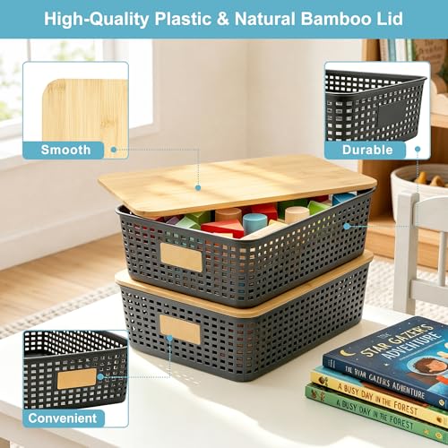 Bagnizer 4 Pack Plastic Storage Bins with Bamboo Lids, 6.2qt Stackable Storage Organizer Box with Lable for Pantry Shelves Drawers Desktop Office, 12"L x 8.3"W x 3.5"H, Gray - color: Gray, size: Shallow- 4 Pack
