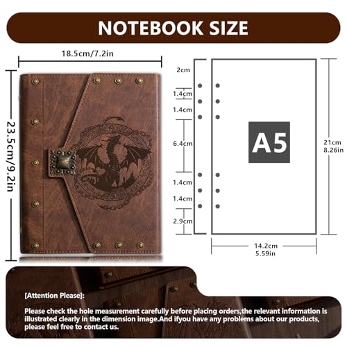 DUROTAN DND Notebook Vintage Dragon Journal with refillable paper | Unique A5 400 Pages For Dungeons and Dragons accessories for players Gift,Men or Women - color: s04-Brown-Retro Dragon