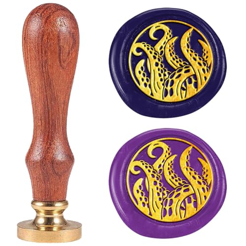 Wax Seal Stamp Octopus Tentacle Embossed Stamp Sealing Removable 1" Brass Wax Seal Stamp Head with Wooden Handle for Wedding Invitations Envelopes Gift Packing Craft Adhesive Waxing - style: Octopus tentacles