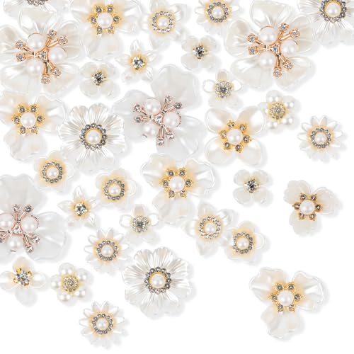 150 Pcs Pearl Flower Buttons,Flat Back Pearl Rhinestone Flowers for Crafts, Faux Pearl Resin Flower Embellishments for DIY Hair Accessories, Clothes, Bags, Shoes, Wedding Bouquets