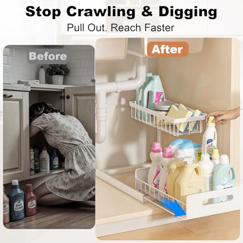 REALINN Under Sink Organizer, L-Shaped 2 Tier Pull Out Cabinet Organizer - color: White, size: 2 Pack