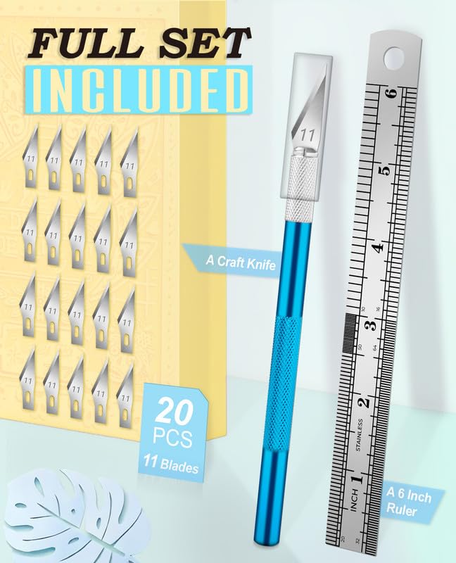 DIYSELF Precision Hobby Knife Set with 20#11 Blades, 6-Inch Metal Ruler - color: Blue-20blades