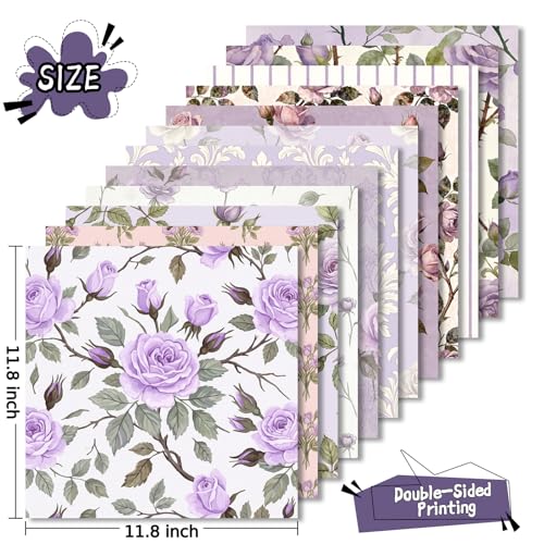 24 Sheets 11.8 x 11.8 Inch Lavender Rose Scrapbook Paper, Double Sided Decorative Craft Paper for Junk Journals, DIY Card Making, Photo Album, Gift Wrapping & Invitations - color: Purple Rose