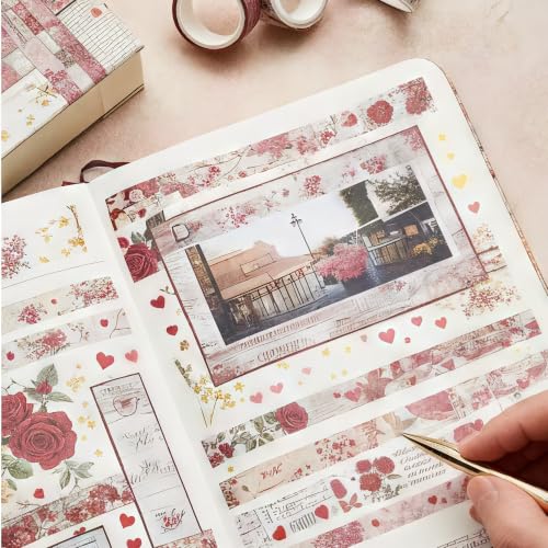 Washi Tape Set, 24 Rolls Red Vintage floral Journaling Supplies,for Christmas Valentine's Day Journaling Supplies Journal Scrapbook Tape, Bullet Journaling Scrapbooking Supplies, DIY Art Decorative - color: Red