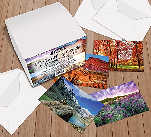 Better Office Products 50-Pack All Occasion Greeting Cards Box Set, 4 x 6 inch, 50 Assorted Blank Note Cards & 50 Envelopes, 6 Nature Photography Americana Designs, Blank Inside, 50 Pack