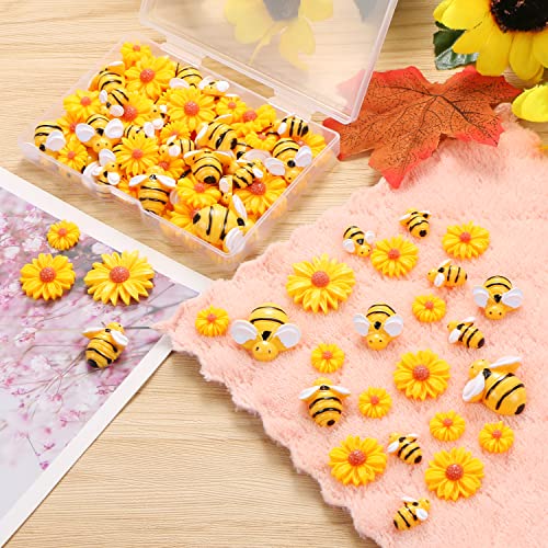 80 Pieces Tiny Resin Bees Daisy Flowers, Flatback Daisy Flowers Bumble Bees Embellishment Bee Decors with Box DIY Wreath Cake Decorations Flowers Bee for Crafts Two Groovy Party Decor