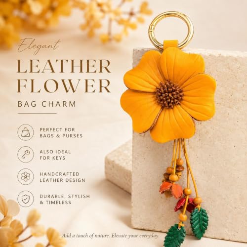 Angyape Flower Bag Charms for Women Purse Charms for Handbags Leather Flower Keychain Retro Aesthetic Keychain Accessories - color: L: Yellow