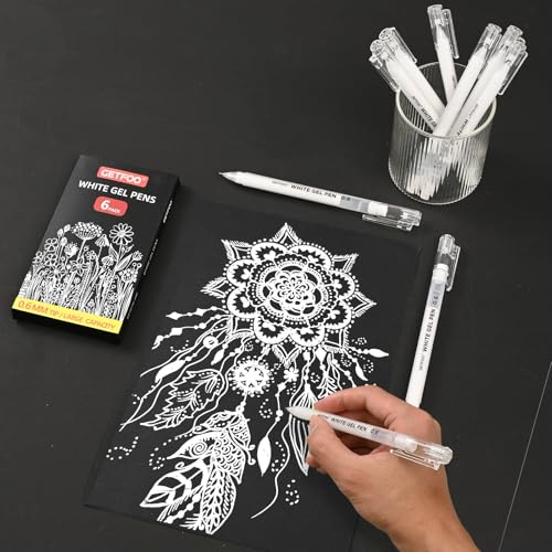 6 Pack White Gel Pens, 0.6mm Fine Point, Archival Opaque White Ink | White Fine Tip Ink Pens, for Art Coloring Drawing Sketching, Adult Coloring Books, Card Making, Journaling, Illustration - size: 0.6mm