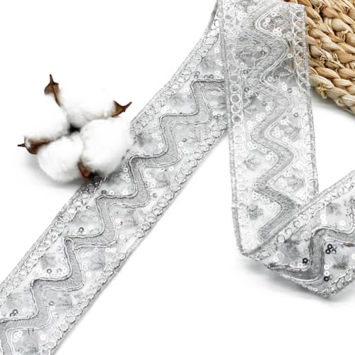 10 Yards 2 Inch Silver Sequin Lace Trim Beaded Metallic Trim Vintage Sheer Paillette Glitter Embroidery Sequins Edging Ribbon for Sewing Making Craft Wrapping Wedding Christmas Decor Supply - color: Silver