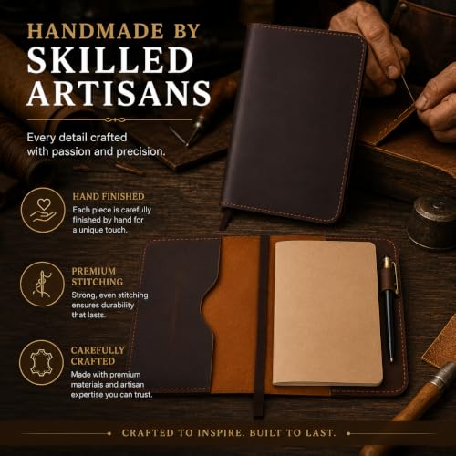 Handmade A5 Leather Journal Cover 9 x 6 in, Dark Brown - color: Dark Brown