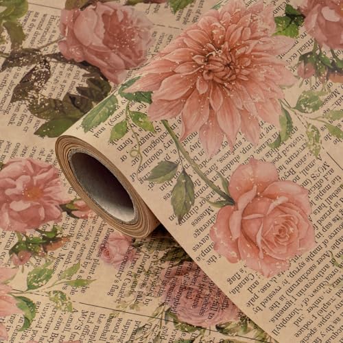 WRAPAHOLIC Kraft Vintage Floral Wrapping Paper - Mini Roll - 17 Inch x 16.5 Feet - Retro Rose Flower Letter Print Newspaper Kraft Wrapping Paper for Birthday, Wedding, Bridal Shower, Anniversary - color: Floral Letter