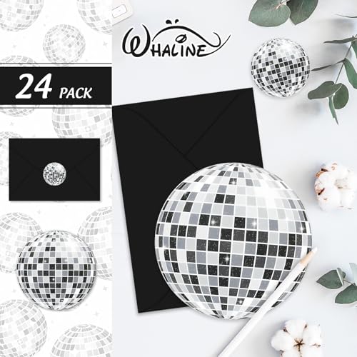 Whaline 24 Pack Disco Greeting Cards Black Silver Disco Ball Blank Note Cards with Envelopes Stickers for Birthday Baby Shower Bachelorette Party Supplies - style: Disco
