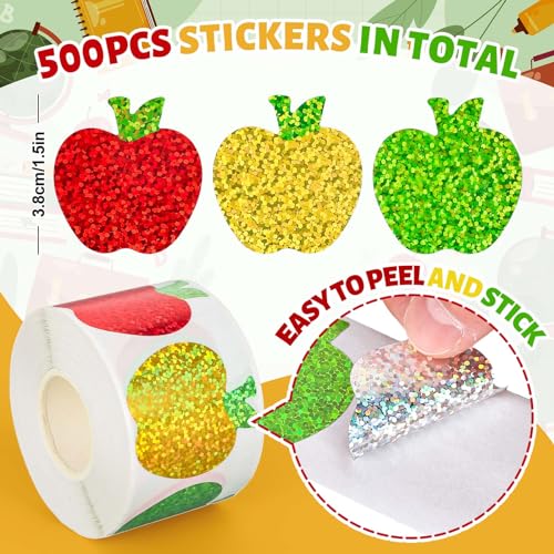 Whaline Back to School Apples Stickers Roll Holographic Apples Waterproof Decals Self-Adhesive Sparkly Teacher Reward Stickers for First Day of School Party Supplies Envelope Scrapbook Decor, 500Pcs - style: Apple