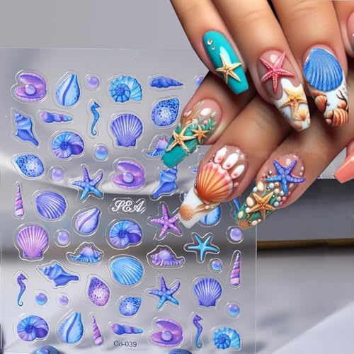 5D Embossed Shell Starfish Nail Art Stickers, Self Adhesive Marine Life Nail Decals 4 Sheets Jellyfish Fishtail Pearl Nail Stickers for Nail Art Supplies Women Girls Nail DIY Decorations - color: 4 Sheets Ocean Nail Stickers