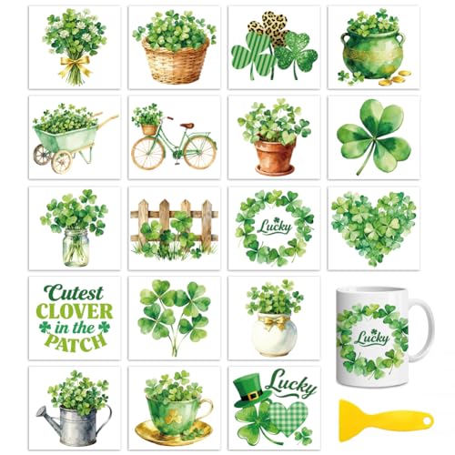 Peacoblue St. Patrick's Clover Luck Rub On Transfers Sticker for Craft | 18 Sheets UV DTF Transfers, Waterproof Rub On Decals for Wood, Glass, Furniture, Tumblers & Home Decor Crafts - style: St. Patrick's Day Three Beaf Clover Luck
