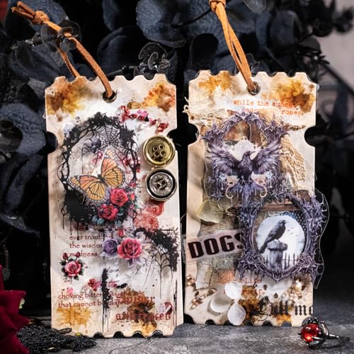 Night Poem Gothic PET Tape Set, 4 Rolls Pre-Cut Translucent Frame and Element Designs with 1 Clip - Dark Collage Supplies for Scrapbook Junk Journal Planner and Crafts - color: Dark Melody