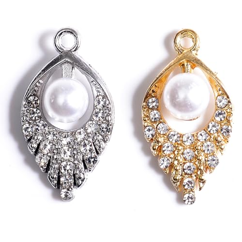 stino 40/50 Pieces Rhinestone Charms, Turtle Heart Bow Cross & Rhombus Jewelry Making Supplies, Silver & Gold Plated Crystal Pendants - style: Leaf Pearl (40PCs)