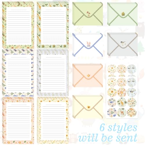 50 Pcs Stationery Paper Envelopes Set,No-Bleed Lined (6Style) | Includes 24 Writing Paper & 24 Envelopes with 24 Round Stickers, Cute Animal Letter Writing and Stationery Paper Envelopes - color: Cute Forest